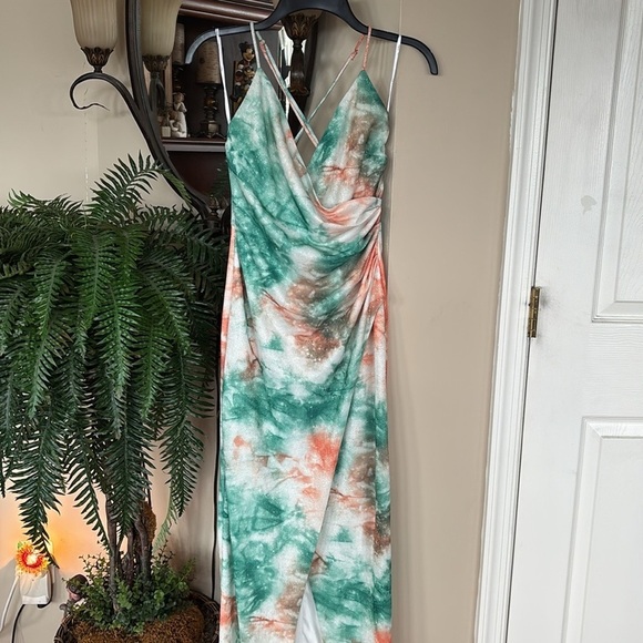 Lulus Lover’s Paradise Metallic Tie Dye Maxi Dress Teal Orange Crisscross Back - Picture 6 of 16